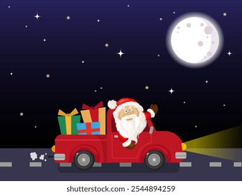 Santa driving a red car with presents. Christmas character
