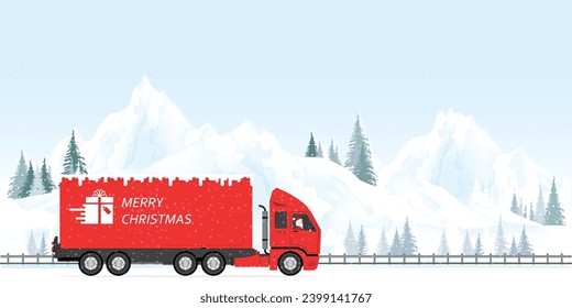 Santa driving red Christmas Delivery Truck on winter mountains landscape with pines and hills, Christmas Delivery Truck, Merry Christmas and Happy New Year, vector illustration.