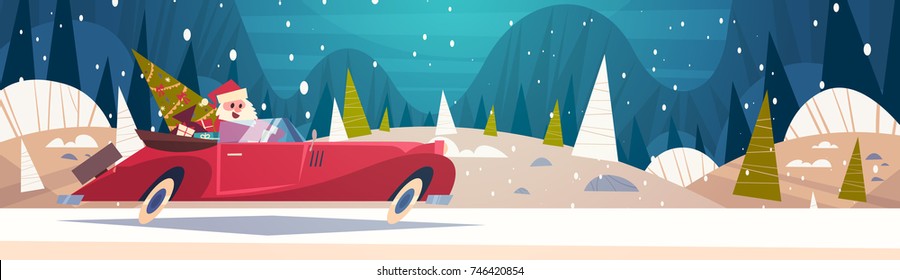 Santa Driving Retro Car With Green Tree And Presents In Winter Forest Merry Christmas And Happy New Year Poster Background Flat Vector Illustration