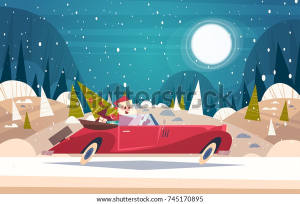 Santa Driving Retro Car With Green Tree And\
Presents In Winter Forest Merry Christmas And Happy New Year Poster\
Background Flat Vector\
Illustration