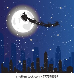 Santa Driving Sledge In Sky Flying Over Night City Background Christmas Holiday Concept Flat Vector Illustration