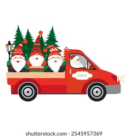 Santa está conduciendo tres gnomos de Navidades en un camión. Enanos divertidos en gorras rojas con barbas y bigotes puestos. Árboles de Navidad y gnomos en el maletero de un coche. Clipart de Vector ilustrado.