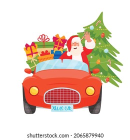 Santa driving Xmas red car with Christmas pine and gifts.