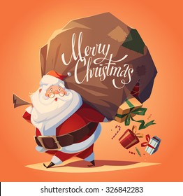 Santa drops gifts. Christmas greeting card \ background \ poster. Vector illustration.