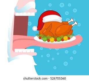 Santa eating Christmas turkey. Open mouth and teeth. Long tongue. Food for holiday. fowl red hat