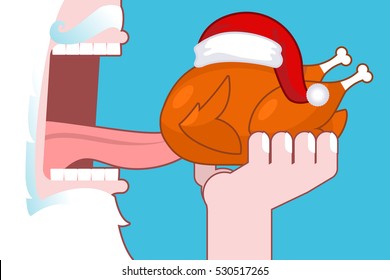 Santa eating Christmas turkey. Open mouth and teeth. Long tongue. Food for holiday. fowl Santas red hat
