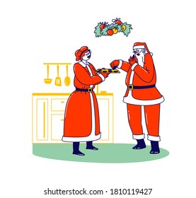 Papá Noel comiendo galletas con su esposa Sra. Claus. Tradición navideña, pareja de adultos, personajes de la familia navideña. Trata a las madres y alimenta a los padres con panadería dulce. Ilustración de vectores de personas lineales