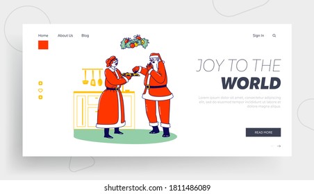 Santa Eating Cookies with his Wife Mrs Claus Landing Page Template. Xmas Tradition, Christmas Family Characters Mother Treat and Feed Father with Sweet Home Bakery. Linear People Vector Illustration