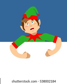 Santa Elf and Blank Space. Place for text. Xmas template design. Claus helper. christmas banner. New year advertisement
