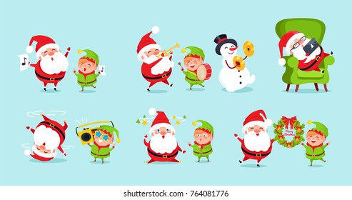 Santa and elf cartoon characters advertisement posters set vector isolated on blue background. Father Christmas and little helper having fun together