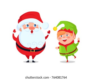 Santa and elf cartoon characters greets everyone and wishes Merry Christmas and Happy New Year, cartoon characters isolated on white background