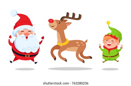 Santa and elf cartoon characters jumping high with deer animal vector illustration postcard isolated on white background. Happy fairy-tail persons vector