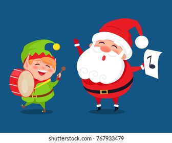 Santa and elf cartoon characters music band. Gnome playing on drum musical instrument Santy with music sign vector illustration postcard isolated on blue