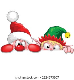 Santa and Elf Cute and funny Christmas Cartoon Characters peeking from behind a panel vector illustration isolated on white
