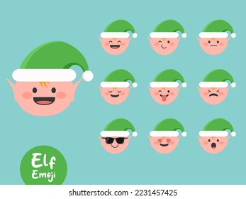 Santa Elf emoji set with different faces and emotions. Christmas emoji collection.