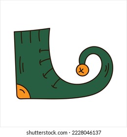 Santa elf green shoe with bell. Simple X-mas doodle element 