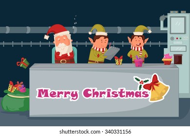 Santa and Elf making gift for Merry Christmas holiday greeting card background in vector