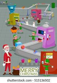 Santa and Elf making gift for Merry Christmas holiday greeting card background in vector