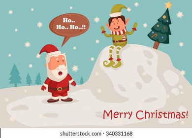 Santa and Elf in Merry Christmas holiday greeting card background in vector