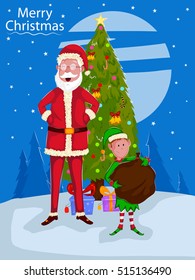 Santa and Elf in Merry Christmas holiday greeting card background  in vector