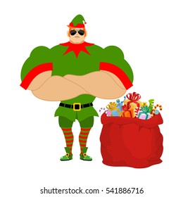 Santa elf and red bag. Claus bodyguards. Christmas guards. Protecting gifts for new year. Defenders of gifts for children. santas helper
