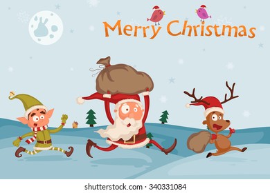 Santa, Elf and Reindeer celebrating Merry Christmas holiday in vector