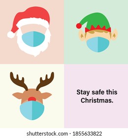 Santa, Elf and Reindeer with masks. Stay safe this Christmas message.