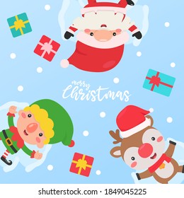Santa Elf and Reindeer sleep in the snow with a gift box given to the children