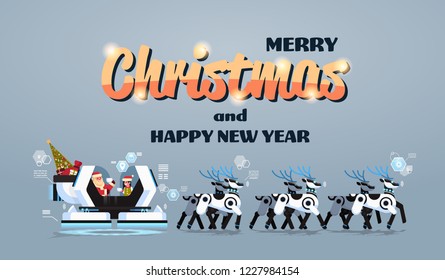 Santa with elf in robotic modern sleigh with robot reindeers artificial intelligence merry christmas happy new year greeting card winter holidays concept horizontal flat vector illustration