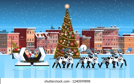 Santa with elf in robotic modern sleigh with robot reindeers city building houses night winter street merry christmas happy new year celebration concept flat horizontal