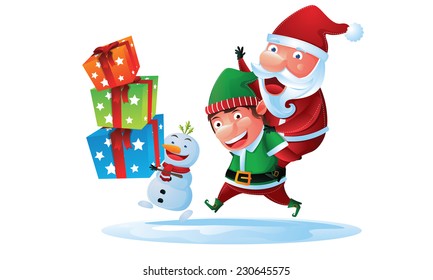 Santa, Elf, and Snowman bring gift box in Christmas