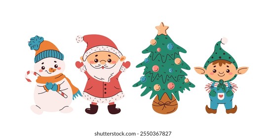 Santa elf snowman with Christmas tree flat color vector objects set. Symbols of winter holidays illustration bundles on white background