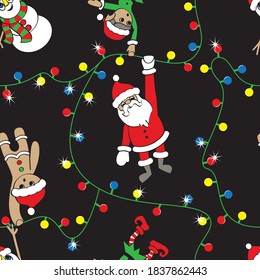 Santa, Elf, Snowman and Cookie hang on the lights.Christmas seamless pattern. Vector illustration.