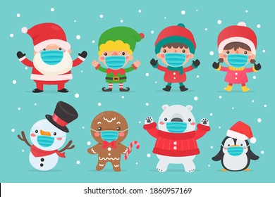 Santa elf Snowman and kids characters wearing winter masks and masks for Christmas.