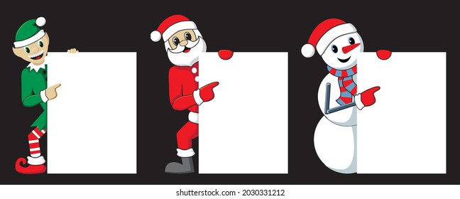 Santa, Elf and Snowman point their finger at empty blank. Christmas vector illustration.