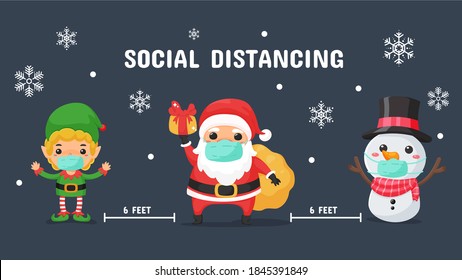 Santa elf and snowman Wear a mask to prevent the coronavirus during Christmas.