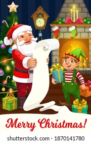 Santa and elf vector greeting card of Christmas winter holidays. Claus with helper reading Xmas wish list, gift boxes, Christmas tree and fireplace, star, socks and candles, balls, ribbon bows, clock