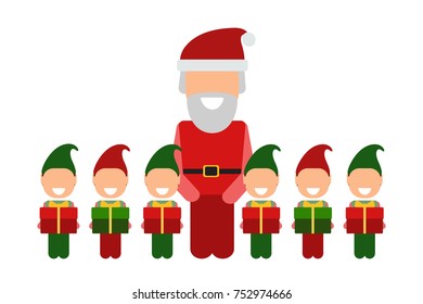 Santa with elves. Christmas Gifts. Vector icon