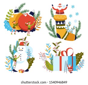 Santa and elves, Christmas and New Year celebration, isolated icons vector. Xmas tree decoration, balls and knitted socks, snowman and gift box. Balls and stocking, little helpers and holiday present