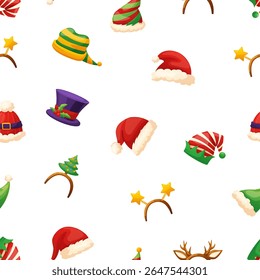 Santa, elves hats. Different cartoon head accessories, Christmas and New Year decorations. Festive vibrant winter holidays print for fabric, vector background