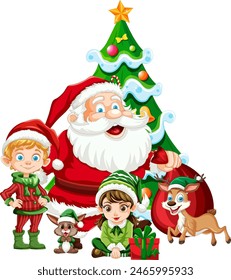 Santa with elves and reindeer by Christmas tree