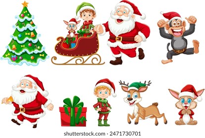 Santa, elves, reindeer, and Christmas tree illustration