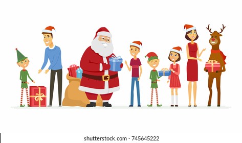 Santa, elves, reindeer congratulate a family - cartoon characters isolated illustration on white background. Smiling Father Frost with a bag of gifts and his companions give parents and kids presents