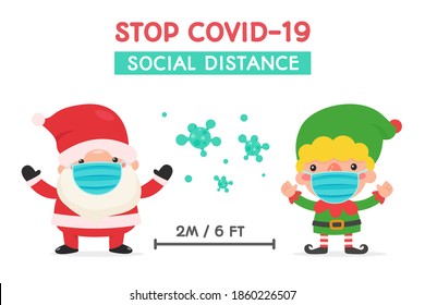 Santa and elves wearing masks Stand at a social distance of 2 meters to prevent the coronavirus.