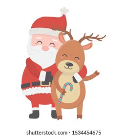 santa embraced reindeer celebration merry christmas vector illustration