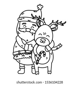 santa embraced reindeer celebration merry christmas vector illustration thick line