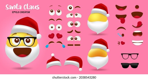 Santa emoji christmas creator vector set. Santa claus emojis character editable kit of face, eyes and mouth in different facial expression for emoticon cartoon creation design. Vector illustration.
