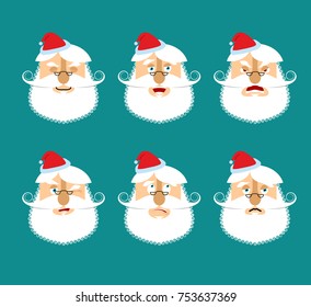 Santa Emoji set. Face Santa Claus collection. Good and evil. Cheerful and sad. Sleepy and stupid. head of grandfather with beard and mustache isolated. Christmas avatars
