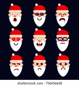 santa emojis on dark background. set of icon with christmas santa