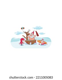 Santa enjoying the hot tub bath with his reindeer, Santa in Shorts Holding Surfboard and Claus with candy cane vector isolated on white background.  